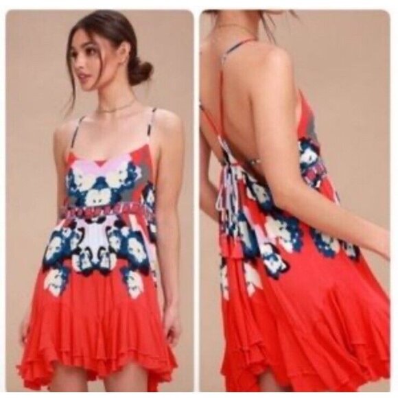 Free People Dresses & Skirts - Free People Intimately Mini Dress Sz S Sweet Lucy Slip Ruffle Hem Sleeveles Red